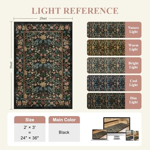 DUKINO 2x3 Entryway Rug, Floral Washable Area Rug with Non Slip Indoor Door Mat, Vintage Low Pile Small Front Door Throw Carpet for Kitchen, Entrance, Bathroom, Bedroom, Black - color: Black, size: 2' x 3' (Rectangular)