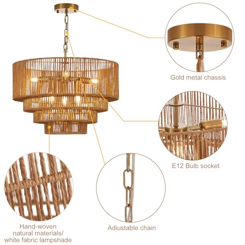 19.7" Hand-Woven Rattan Chandelier Vintage Farmhouse 6-Lights Boho Bamboo Chandeliers Light Fixture Retro Drum Wicker Rattan Golden Chandelier for Dining Room, Kitchen Island, Bedroom, E12 - color: Golden 19IN