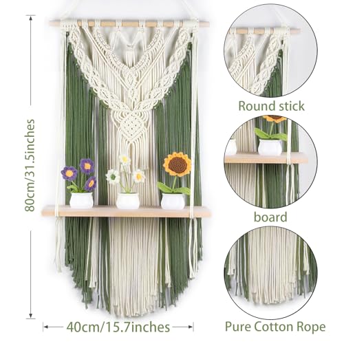 HVEST Green Macrame Wall Hanging Shelf Boho Wall Decor Floating Storage Book Shelf Green and Beige Handmade Tapestry Woven Wall Art for Bedroom Living Room Dorm Nursery Bathroom Macrame Plant Hanger - color: Green Beige