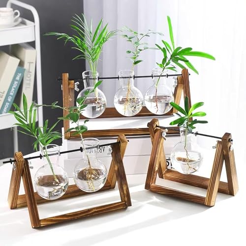 Kingbuy Plant Propagation Station, 3 Glass Bulb Vases with Wooden Stand | Boho Desktop Terrarium, Hydroponics, Home Office Window Sill Decor, Gift for Women Plant Lovers - size: 3 Bulb Vase