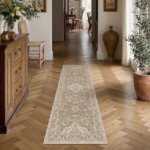HUGEAR 2x6 Runner Rug Taupe Machine Washable Area Rug Room Decor Distressed Vintage Hallway Rugs Non Slip Carpet Low Pile Rugs for Kitchen Laundry Living Soft Lightweight - color: C| Taupe, size: 2' x 6' (Runner)