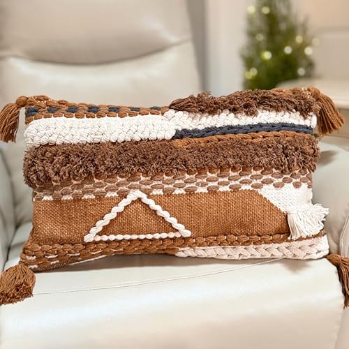 Decorative Throw Pillow Cover 12x20 Knitted Lumbar Pillow Tufted Accent with Tassels for Couch Bed Sofa Cotton Wool Woven Boho Handwoven Pillow (Neutral/Earth Tone) - color: Camel
