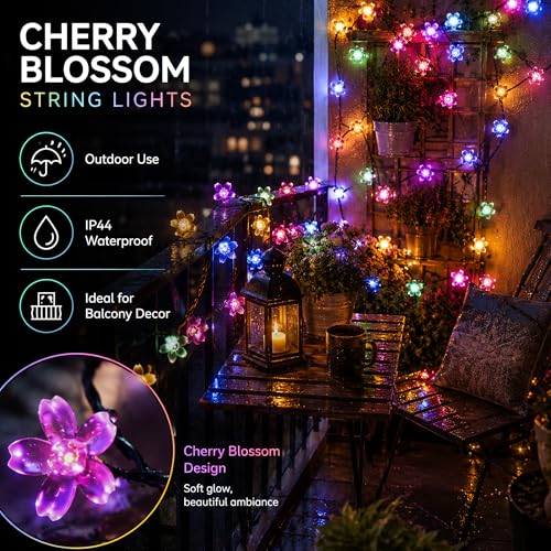 Pastel Flower Fairy Lights String with Timer for Easter Christmas Decor, | USB plug in 8 modes multicolored cherry blossom lights for wedding, Christmas Easter, bedroom, indoor outdoor decorations - color: 33ft Multicolor Flower Lights