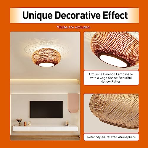 16" Bamboo Wicker Lampshade Rattan Pendant Light, Drum Shape Pendant Light Hanging Fixture Light, Hanging Light Chandelier for Farmhouse Hallway Entryway Porch