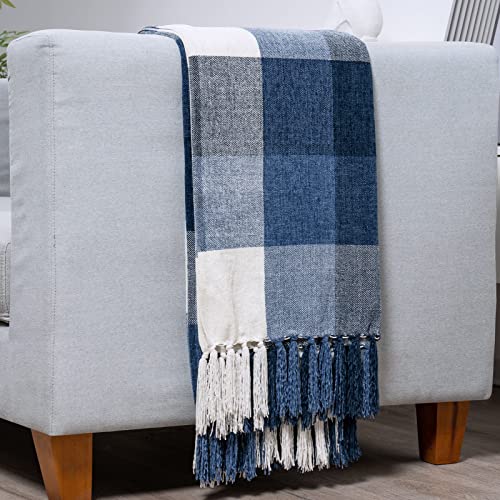 RECYCO Buffalo Paid Chenille Throw Blanket for Couch, Soft Cozy Decorative Buffalo Check Blanket Throw with Tassels for Bed Sofa, Lightweight Chenille Knitted Throw, Plaid Navy Off White, 50'' x 60'' - color: Plaid Navy Off White, size: 50'' X 60''