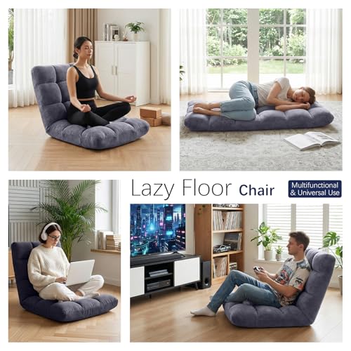Folding Floor Chair 14-Position Cushioned Adjustable Floor Lazy Sofa Chair w/Breathable Cotton & Skin-Friendly Coral Velve for Adults & Kids Ideal for Reading Meditating，Grey - color: Grey