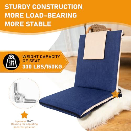 FASTMOMENT 14-Position Adjustable Floor Chair with Back Support - Portable Gound Seating for Adults & Kids, Foldable Meditation Chair with Japanese KOYO Bearings & Washable Linen Cover (Blue) - color: Blue & Yellow, style: Regular