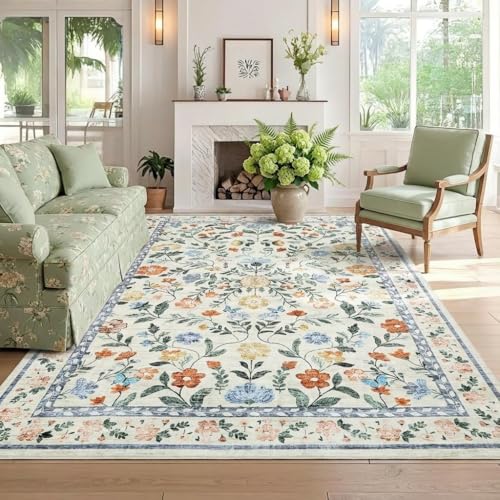 GarveeHome 8x10 Washable Floral Distressed Rug, Vintage Farmhouse Area Rug for Living Room, Non-Slip Low Pile Soft Carpet for Nursery Bedroom Dining Room Home Office, Green - color: Green, size: 8' x 10' (Rectangular)