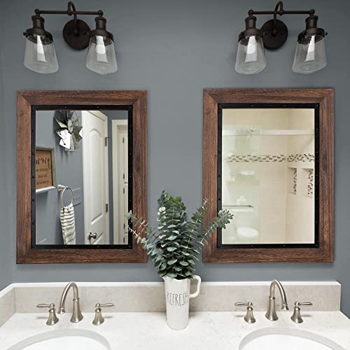 YOSHOOT Rustic Wooden Framed Wall Mirror, 40"x30", Natural Wood and Iron Bathroom Vanity Mirror for Farmhouse Decor, Vertical or Horizontal Hanging - color: Brown, size: 40"L x 30"W