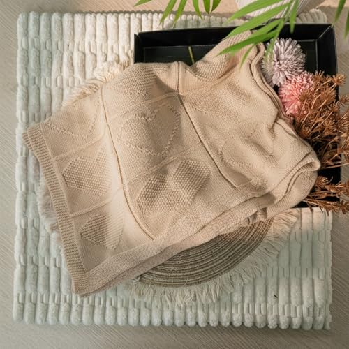 Baby Knit Cotton Blanket Beige Heart Pattern Soft Breathable Throw for Crib Or Stroller Nursery Gift Baby Shower Birthday Christmas Size 30x30 - color: Beige, size: 30"x30"