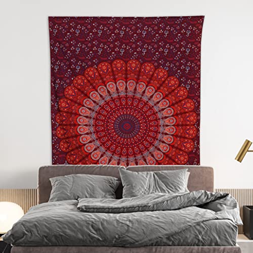 Bless International Handmade Indian hippie Bohemian Psychedelic Peacock Mandala Wall hanging College Dorm Beach Throws Table Cloth Bedding Tapestry (Blue Red, Twin(54x72Inches)(140x185cms)) - color: Blue Red, size: 72"L x 54"W