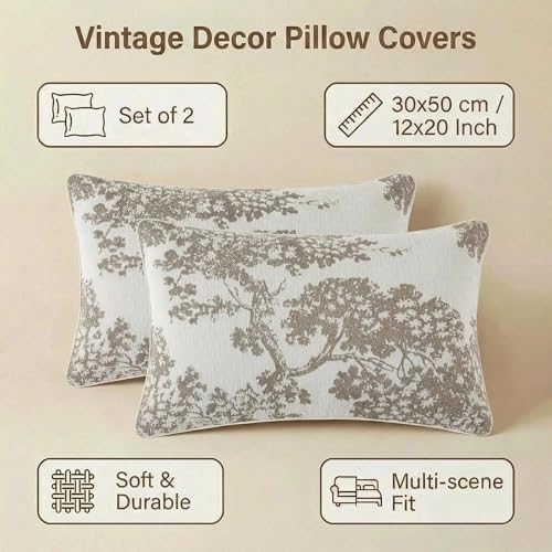 Mantle & Mason Floral 12x20 Lumbar Pillow Covers Set of 2, French Vintage Woven Jacquard Decorative Accent Pillow Cases for Couch, 430GSM Thick Chenille & Luxury Velvet, Beige - color: Tree Pattern Beige, size: 20" x 12" (Pack of 2)
