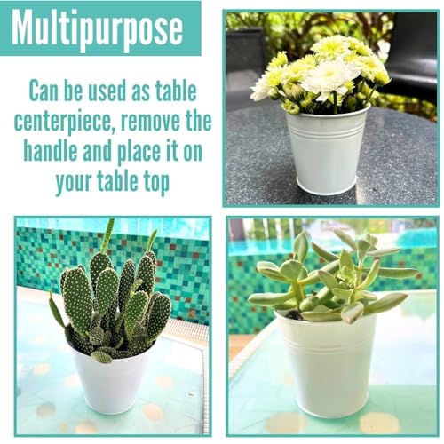 LaLaGreen Hanging Planters - 10 Pack, 4 Inch Balcony Railing Hanging Herb Garden Wall White Metal Bucket Fence Planter for Outdoor Plants Flower Pot Deck Rail Porch Window Box Hooks Macetas Colgante - size: 4 Inch (White)