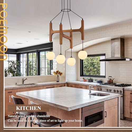 Rustic Wood Chandeliers with Milk Glass Globes Lampshades L24 '' Unique Mid Century Long 4-Light Pendant Chandelier Wood Stained Walnut Farmhouse for Living Dining Room Entryway Bedroom Kitchen,G9 - color: Walnut, size: L24 inches