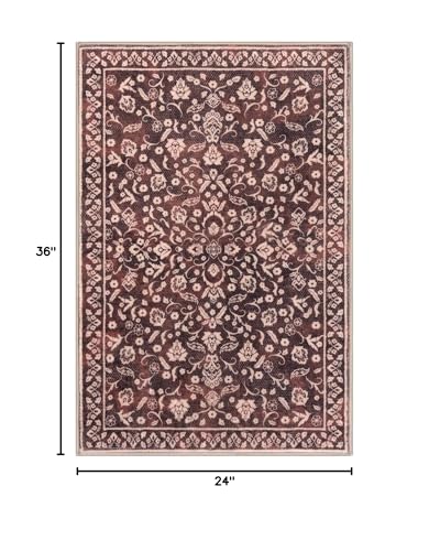 Vintage Entryway Rug Indoor, Burgundy Washable Rug 2x3, Small Area Rug with Non-Slip Backing, Floral Print Thin Faux Wool Super Soft Door Mat for Kitchen, Entrance, Bedroom, Office - color: Warm Burgundy Brown, size: 2' x 3' (Rectangular)