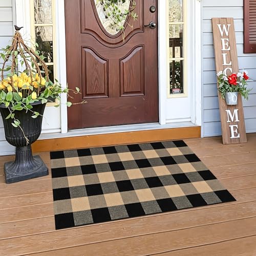 Plaid Outdoor Rug 2.3 X 3.6 Ft Buffalo Check Rug Brown and Black Checkered Mat Washable Plaid Rug Cotton Buffalo Plaid Rugs for Entryway Farmhouse Patio Bedroom - color: Brown and Black, size: 2.3‘×3.6’