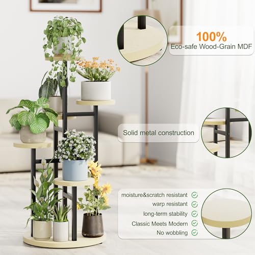 5 Tiers Black Plant Stand Indoor Tall Metal Wood Plant Shelf Outdoor Plant Stands Indoor Plant Table Rack Tiered Plant Stand Garden for Living Room Balcony Patio - RoundLight - color: BlackRoundLight, size: 5-tiers