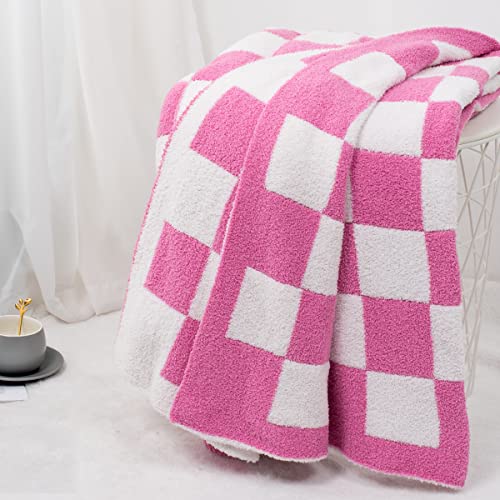 Carriediosa Checkered Throw Blanket 60" X 80" Twin, 400GSM Ultra Soft Microfiber Fuzzy Fluffy Reversible Cute Preppy Knitted Blankets Cozy Plush Fall Throws for Couch, Bed, Sofa, Hot Pink - color: Check - Hot Pink, size: 60" X 80"