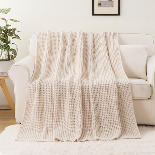 Bunnikins & Clover Cream White Throw Blanket for Couch, Waffle Ivory Throw Blanket for Bed, Warm Decorative White Blanket Throw for Home Decor, 60"x80" - color: Cream, size: 60"x80"