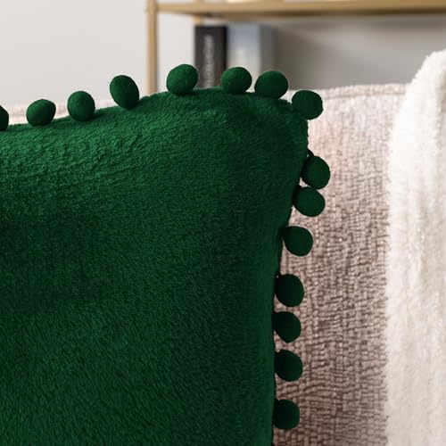 PAVILIA Emerald Green Throw Pillow Covers with Pom Pom 20x20 Set of 2, Decorative Pillow Cases for Bedroom Aesthetic, Small Throw Pillows Set for Bed, Velvet Euro Plush Cushion Covers for Sofa Couch - color: Emerald Green, size: 20" x 20" (Pack of 2)