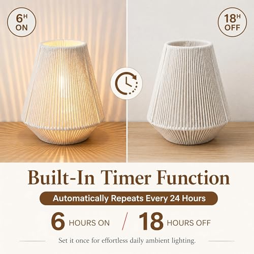 JHY DESIGN Woven Lampshade Table Lamp 8"H Cotton Rope Bedside Lamp Cordless Small Battery Operated Lamp Decorative Bedside Lamp with 6 Hours Timer for Bedroom Living Room Weddings Parties Patio Events - color: 8"H Off-white