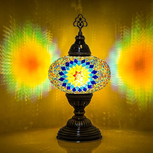 Turkish Mosaic Lamp with Bulb – Handmade Star Fire Stained Glass Table Light, Antique Bohemian Vintage Decor for Bedroom or Living Room, E12 Socket - color: Star Fire