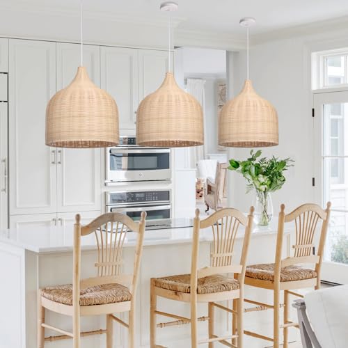 Arturesthome 1 Light Rattan Woven Pendant Light 13.78in Handmade Ceiling Lighting Fixture Chandelier Hanging Lamp Lampshade for Kitchen Island Dining Room Hallway Foyer