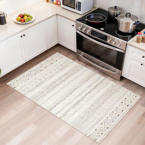 cotiled 3x5 Area Rugs Living Room Rug: Washable Boho Rugs with Non Slip Backing Small Soft Indoor Stain Resistant Carpet for Bedroom Farmhouse Dining Room Lightweight Home Decor L Brown/Cream - color: Light Brown/Cream, size: 3' x 5' (Rectangular)