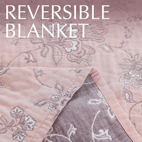 jinchan Boho 100% Cotton Muslin Queen Size 80x90 Inches Blanket Lightweight 4-Layer Quilted Soft Pink Multi Floral Throw Blanket Reversible Comfy Flower Rustic All Seasons Couch Bedroom Decor - color: Floral Pink Red, size: 80"x90"