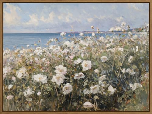 Framed Landscape Wall Art Blue Ocean Theme White Flower Pictures Wall Decor Abstract Floral Painting Prints Modern Seascape Artwork for Living Room Bedroom Bathroom Home Office Decoration, 12''x16'' - color: Blue Ocean White Flower, size: 16"L x 12"W