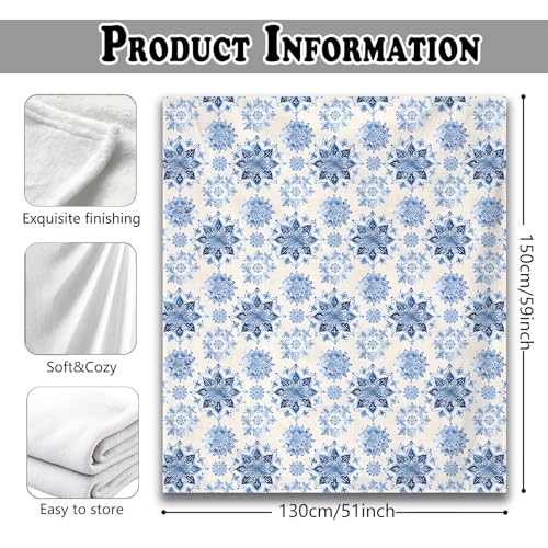 Winter Blue Snowflake Throw Blanket for Couch, Snowflake Christmas Decor, Vintage Blue and White Porcelain Floral Throw Blanket for Bedroom Living Room Home Decoration, 50x60 Inches - color: Color_19