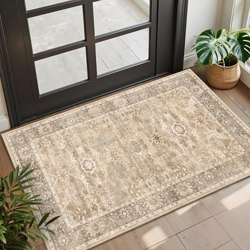 2x3 Entryway Rug Beige Washable Vintage Rugs for Entryway Kitchen Low Pile Non-Slip Door Mat Traditional Distressed Small Throw Area Rugs for Kitchen Entrance Bathroom Beige - color: Beige, size: 2'*3'(Rectangular)