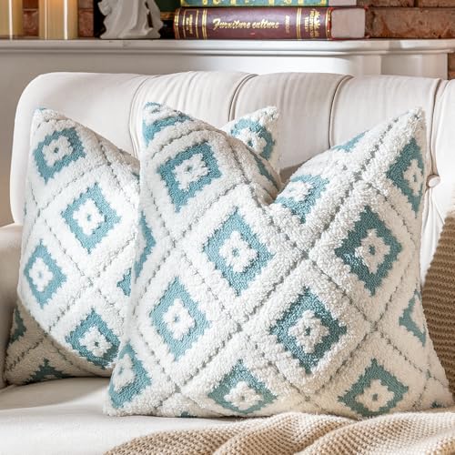 AmHoo Pack of 2 Decorative Throw Pillow Covers Rhomboid Luxury Super Soft Plush Set Case Cushion for Couch Sofa Bedroom 18 x 18-Inch Porcelain Blue - color: Porcelain Blue, size: 18" x 18" (Pack of 2)