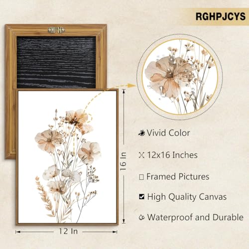 Neutral Watercolor Botanical Wall Art Vintage Floral Canvas Art Prints Orange Flower Plants Picture Minimalist Wall Decor Boho Artwork Framed for Girls Room Bedroom Living Room Decoration, 12x16 Inch - color: Neutral Flowers, size: 16"L x 12"W