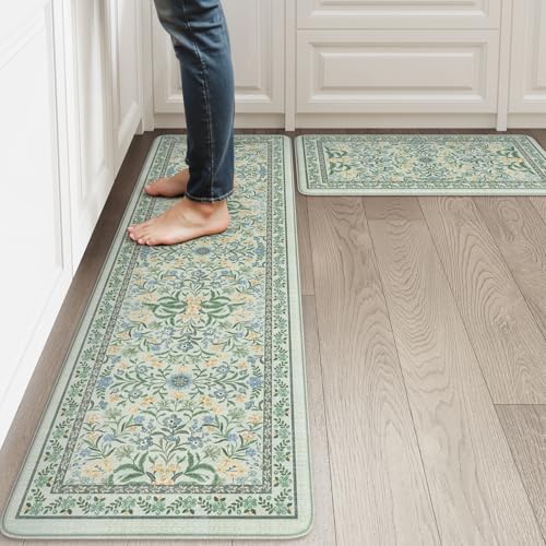 Collive Anti Fatigue Mats for Kitchen Floor, Cushioned Waterproof Sink Rug Set of 2 Spring Floral Kitchen Mat Comfort Non Skid Standing Rug for Office, Desk, Laundry, 17"x30"+17"x59" - color: Teal, size: 17.3"x59"+17.3"x29"