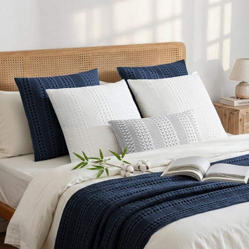 a moment 2 Pack Bamboo Fiber Pillow Covers - Waffle Weave, Ultra Soft & Breathable, Skin-Friendly Cotton Throw Pillow for Couch, Sofa, Bedroom Living Room 20x20 Inch Navy Blue - color: Navy Blue, size: 20" x 20" (Pack of 2)