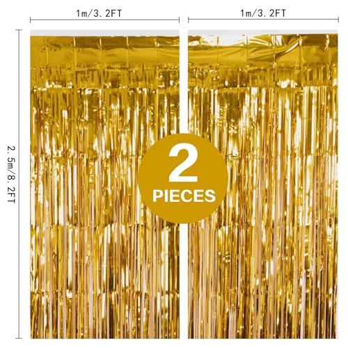 2 Pack Gold Fringe Curtain Backdrop, 3.2Ft x 8.2Ft Metallic Photo Booth Backdrop Tinsel Door Curtains for Birthday Baby Shower Anniversary Christmas New Year Eve Bachelorette Party Decorations - color: Metallic Gold