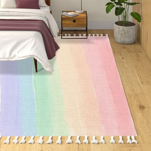 Boho Rug Rainbow Pastels Watercolor Rainbow Watercolor Brush Stroke Stripes Area Rug Carpet Patio Rug Hallway Runner Rug Mat Pad Minimalist Home Decor for Living Room Bedroom Indoor Outdoor - color: Multi10, size: 90x150cm
