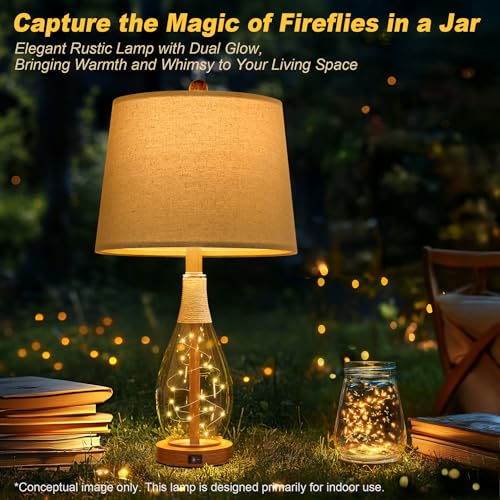 OYEARS Bedside Table Lamps Set of 2 with USB, Modern Bedside Lamps Retro Farmhouse Rattan Glass Nightstand Nightlight Lamps for Bedroom Living Room Dorm,Two Light Points - color: Wood-Like