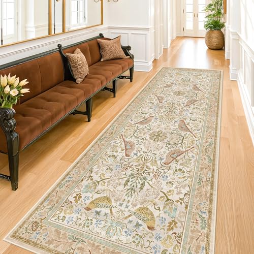 Hazo Haus 2'6"x8' Long Hallway Runner Rug - Vintage Botanical Wide Runners for Kitchen Bedroom Hall Way, Washable Non Slip with Rubber Backing, Beige Floral Décor - color: Beige, size: 2'6" x 8' (Runner)