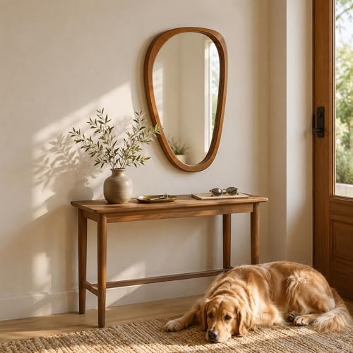 Solid Wood 30"x20" Irregular Asymmetrical Mirror, Japandi Boho Organic Shaped Decorative Accent Mirror, Small Natural Honey Walnut Wooden Wall-Mounted Mirror, Warm Walnut - color: Walnut, size: 30"L x 20"W