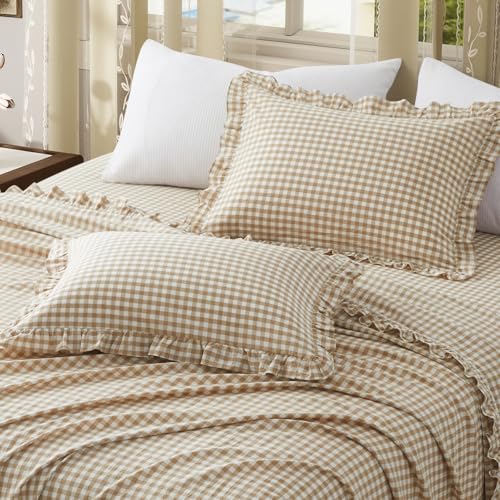 KKJIAF 2 Pcs Plaid Ruffle Pillow Case Standard Size, Ruffled Gingham Cotton Pillowcases 20x26 Inch, Linen Feel Plaid Bed Pillow Shams with Envelope Closure for Bed Sofa (Taupe) - color: Taupe/White Plaid, size: 26" x 20" (Pack of 2)