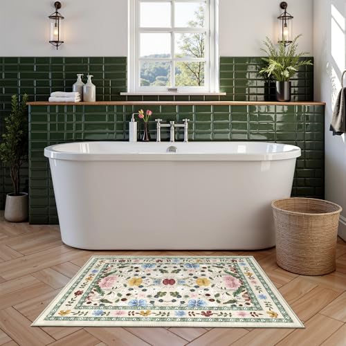 Deerly Floral Entryway Rug 2x3 Small Vintage Boho Bathroom Door Mat Washable Non-Slip Soft Low Pile Thin Indoor Carpet Home Decor for Kicthen Entrance Farmhouse Throw Rug, Beige/Green/Multi - color: Beige/Green/Multi, size: 2' x 3' (Rectangular)