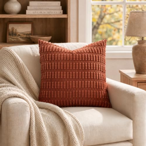 MIULEE Pack of 2 Rust Corduroy Decorative Pillow Covers 12x12 Inch Soft Boho Striped Throw Pillow Covers Modern Farmhouse Home Decor for Summer Sofa Living Room Couch Bed - color: Rust, size: 12" x 12" (Pack of 2)