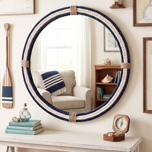 Vercraft Nautical Coastal Mirror 30" Wall Decor with Rope Wrapped Trim and Hanging Loop Round Circle Nursery Mirror Nautical Boho Rustic Decorative for Living Room, Bedroom Blue and White - size: 30"L x 30"W