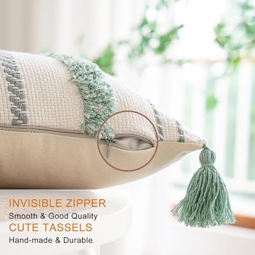 Boho Throw Pillow Covers 12x20 Set of 2 Woven Tufted Farmhouse Pillows Cover with Tassels Textured Striped Cushion Case Lumbar Pillow Cases Decorative Pillowcase for Sofa, Couch, Bed, Light Green - color: Light Green, size: 20" x 12" (Pack of 2)