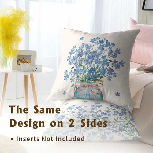 Spring Floral Pillow Covers 16x16 Inch Set of 2, Blue Flower Mason Jar Throw Pillow Covers Square Cotton Cushion Cover for Home Couch Sofa Patio Bedroom Livingroom - color: Blue Flower231219, size: 16" x 16" (Pack of 2)