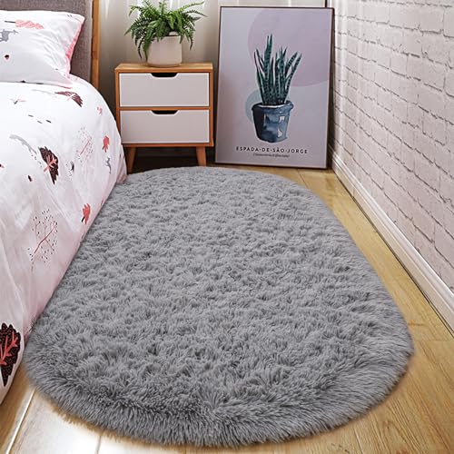 junovo Ultra Soft Washable Shaggy Rug - Non-Slip Oval Carpet for Nursery, Kids Bedroom & Home Decor (2x5ft Grey) | Plush Fluffy Floor Mat for Cozy Living Spaces - color: Grey, size: 2' x 5'