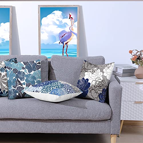 COMMINY Blue Grey Pillow Covers 20x20 Set of 6 Decorative Daisy Flower Throw Pillow Cover for Couch Modern Farmhouse Cushion Cover for Living Room Bed Patio Home Decor - color: Blue Daisy, size: 20" x 20" (Pack of 6)