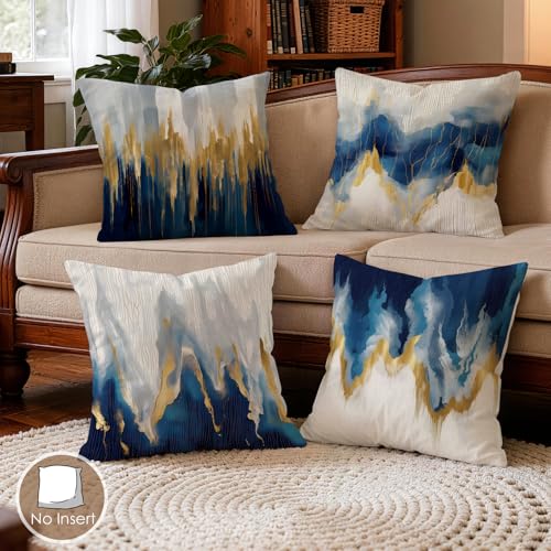OBSEDE Blue and Gold Abstract Art Decorative Throw Pillow Covers 18 × 18 in, Set of 4, Couch Cushion Cases Inserts for Sofa Bed Living Room Home Decor, Single-Sided Print - color: Blue and Gold Abstract Art, size: 18" x 18" (Pack of 4)
